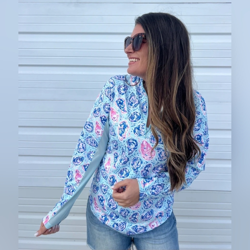 Simply Southern Peyton 1/4 Zip Pink Blue Top Small Athleisure golf coastal grand